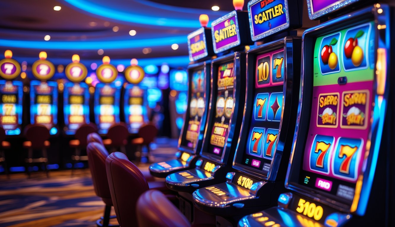 Mesin slot berwarna cerah dengan simbol kemenangan dan lampu yang menyala di dalam kasino.