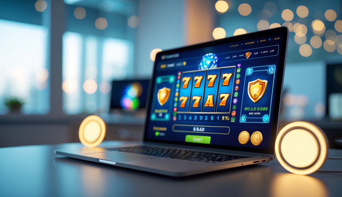 Seseorang menggunakan komputer dengan permainan slot online berwarna-warni di layar, di latar belakang terdapat suasana ruangan yang rapi dan terang.