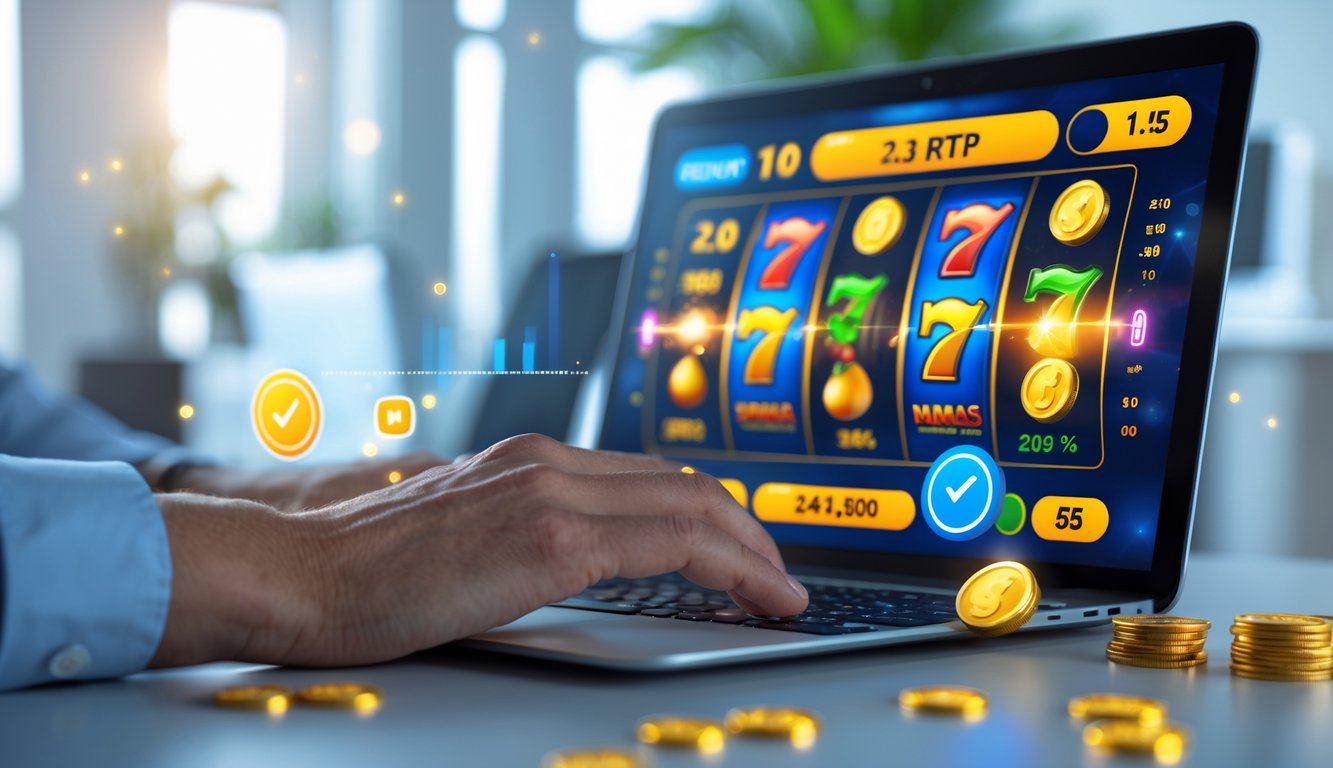 Seseorang menggunakan laptop menampilkan permainan slot online dengan grafik warna-warni dan ikon keamanan di latar belakang.