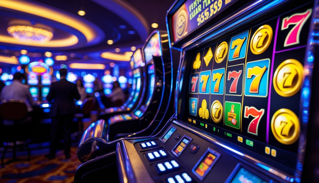 Mesin slot berwarna-warni di kasino dengan latar belakang orang-orang yang menikmati suasana permainan.