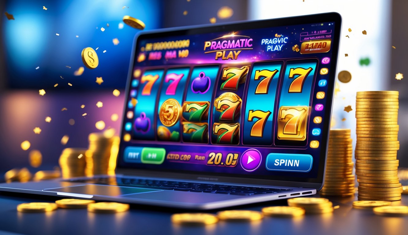 Layar komputer menampilkan permainan mesin slot dengan simbol warna-warni dan tumpukan koin emas di sekitarnya.