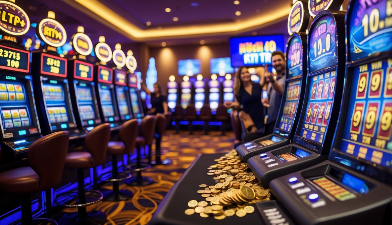 Area mesin slot di kasino dengan mesin yang menunjukkan kemenangan besar dan pemain yang sedang merayakan.