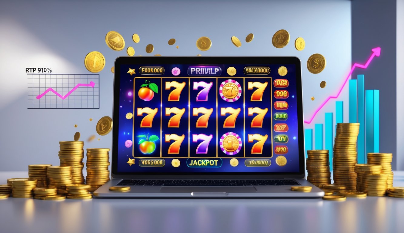 Layar komputer menampilkan permainan mesin slot berwarna-warni dengan tumpukan koin dan chip kasino di sekitarnya, menggambarkan kemenangan besar dalam permainan slot online.