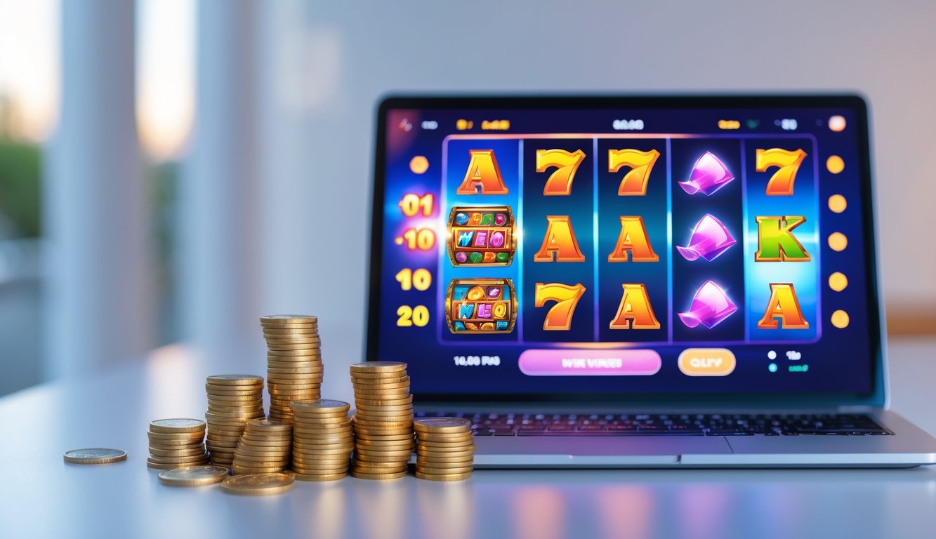 Seseorang menggunakan laptop yang menampilkan permainan slot online dengan simbol warna-warni dan koin di sampingnya.