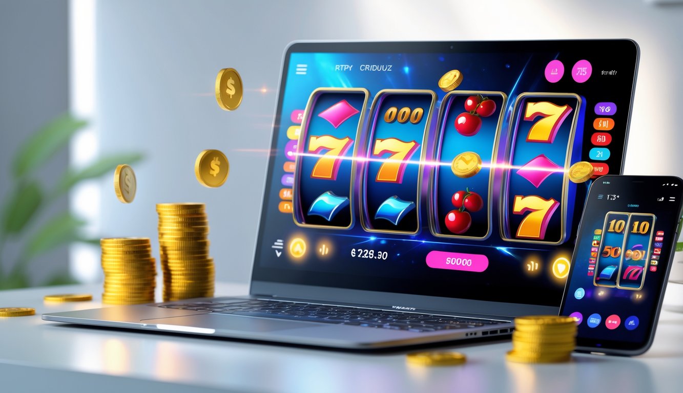 Seseorang menggunakan komputer dengan tampilan permainan slot online berwarna-warni yang menunjukkan simbol kemenangan dan koin di sekitarnya.