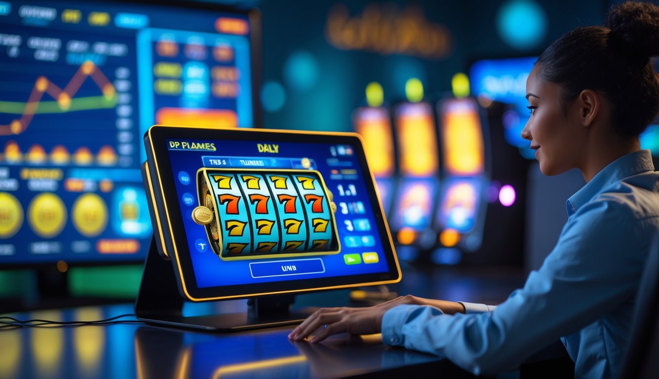 Seorang pemain sedang menggunakan mesin slot digital di layar komputer dengan suasana yang tenang dan profesional.