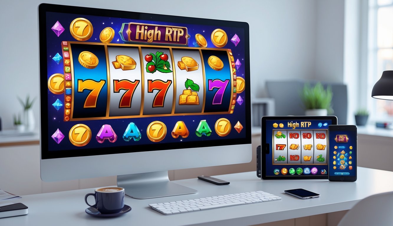 Meja kerja dengan komputer dan perangkat mobile yang menampilkan permainan slot dengan simbol warna-warni, di ruang kerja rumah yang rapi dan terang.