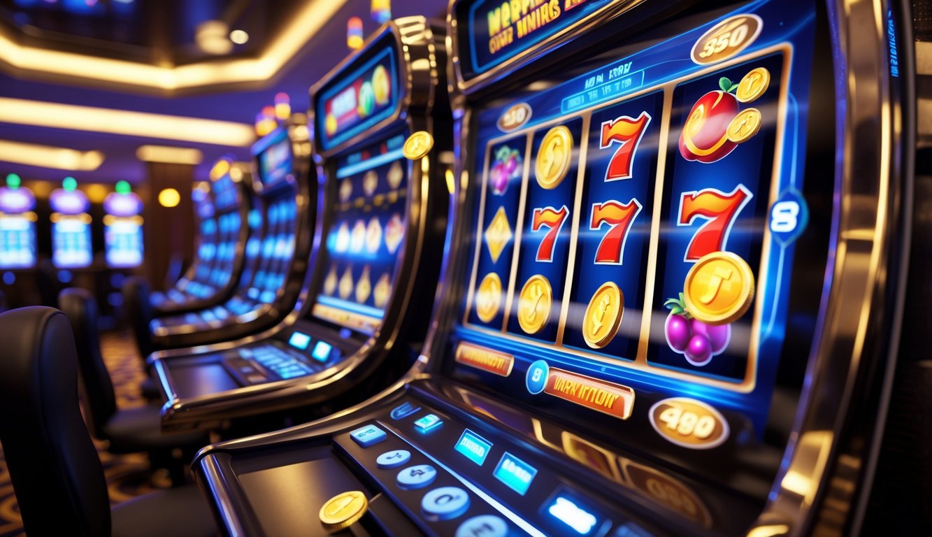 Mesin slot digital modern dengan gulungan berwarna-warni di ruang kasino yang mewah dan terang.