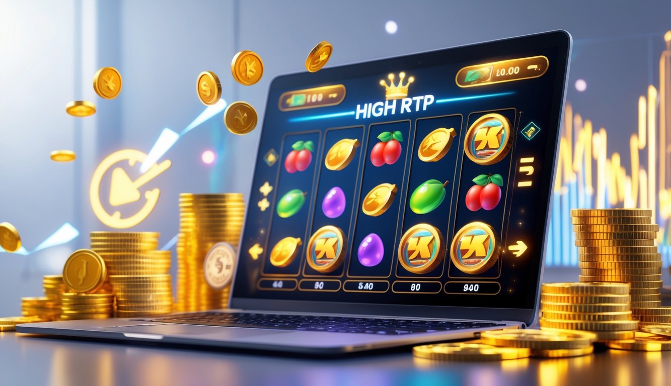 Suasana modern dengan komputer menampilkan permainan slot online dan koin emas di sekitarnya.