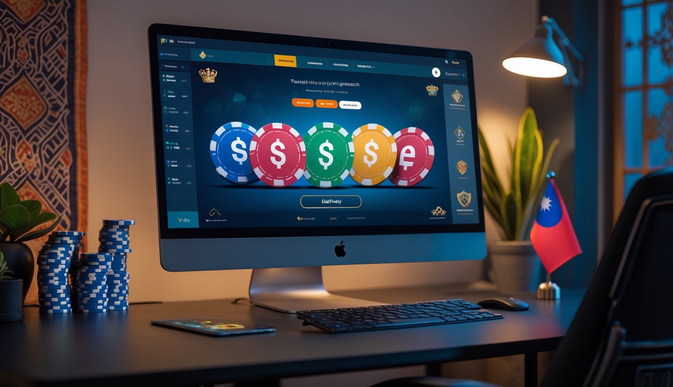 Sebuah meja kerja modern dengan layar komputer menampilkan permainan poker online, chip poker berwarna-warni, dan kartu bermain, dengan elemen budaya Indonesia di latar belakang.