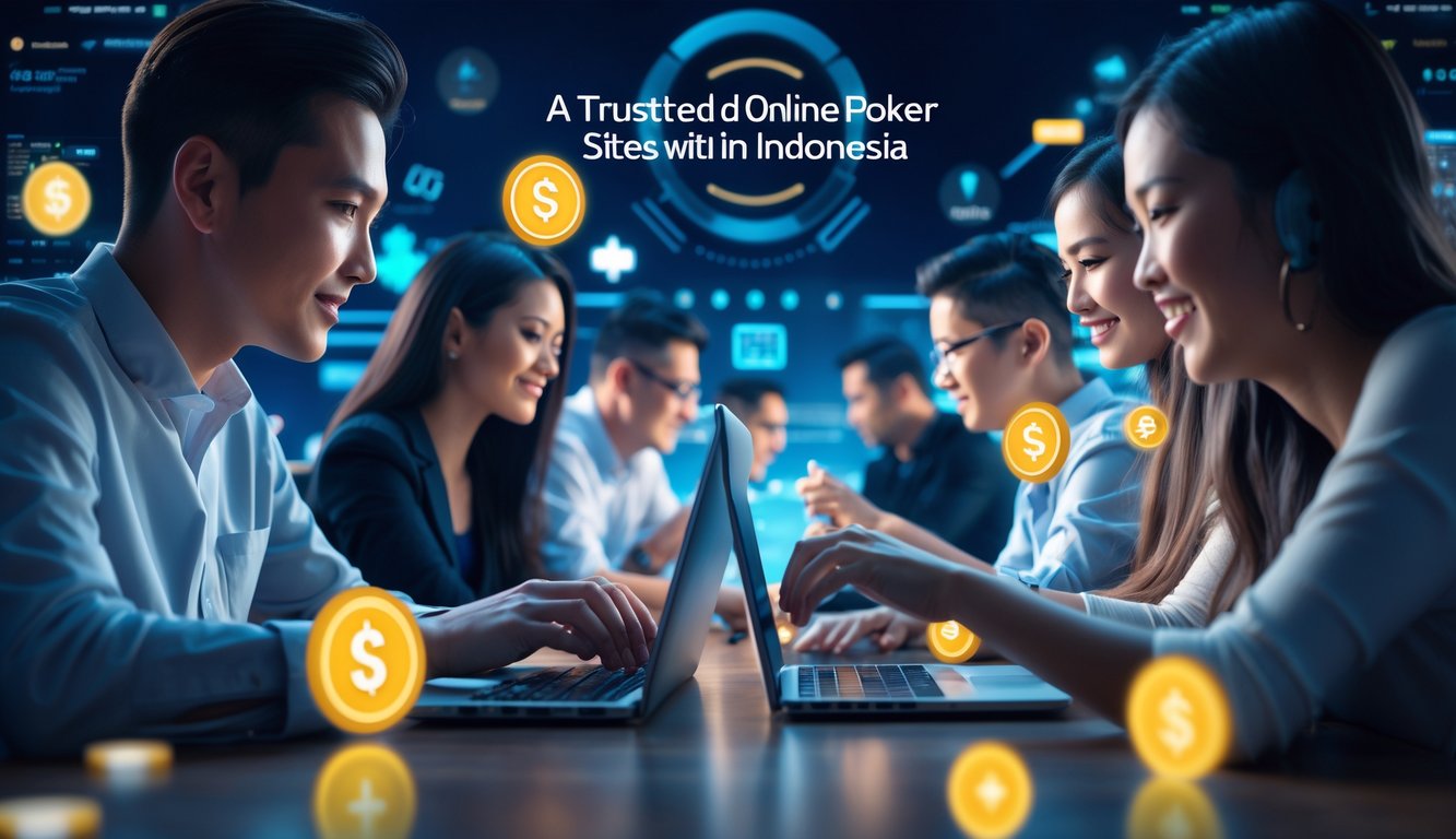 Sekelompok orang sedang bermain poker online menggunakan laptop dan ponsel di lingkungan digital yang modern dengan simbol keamanan dan transaksi keuangan.