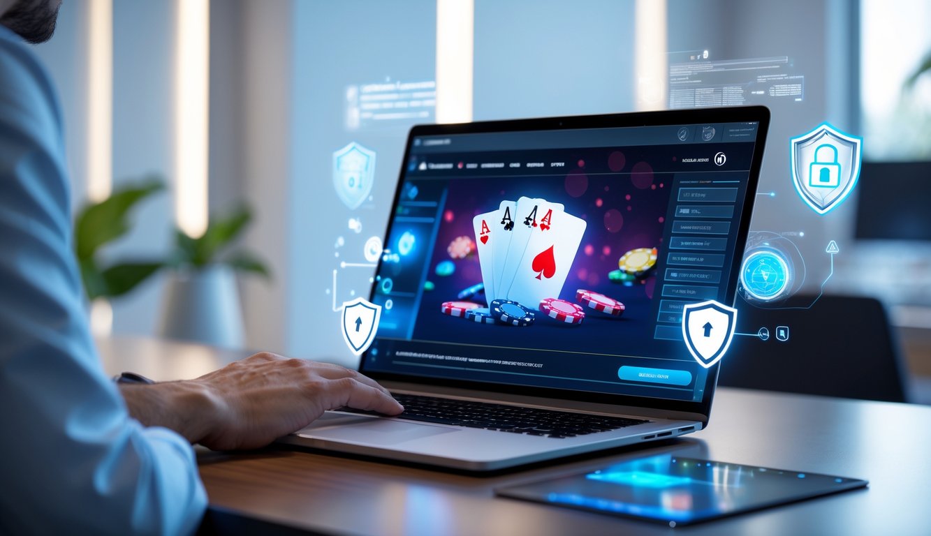 Seorang pengguna sedang bermain poker online di komputer dengan simbol keamanan digital di sekitarnya.
