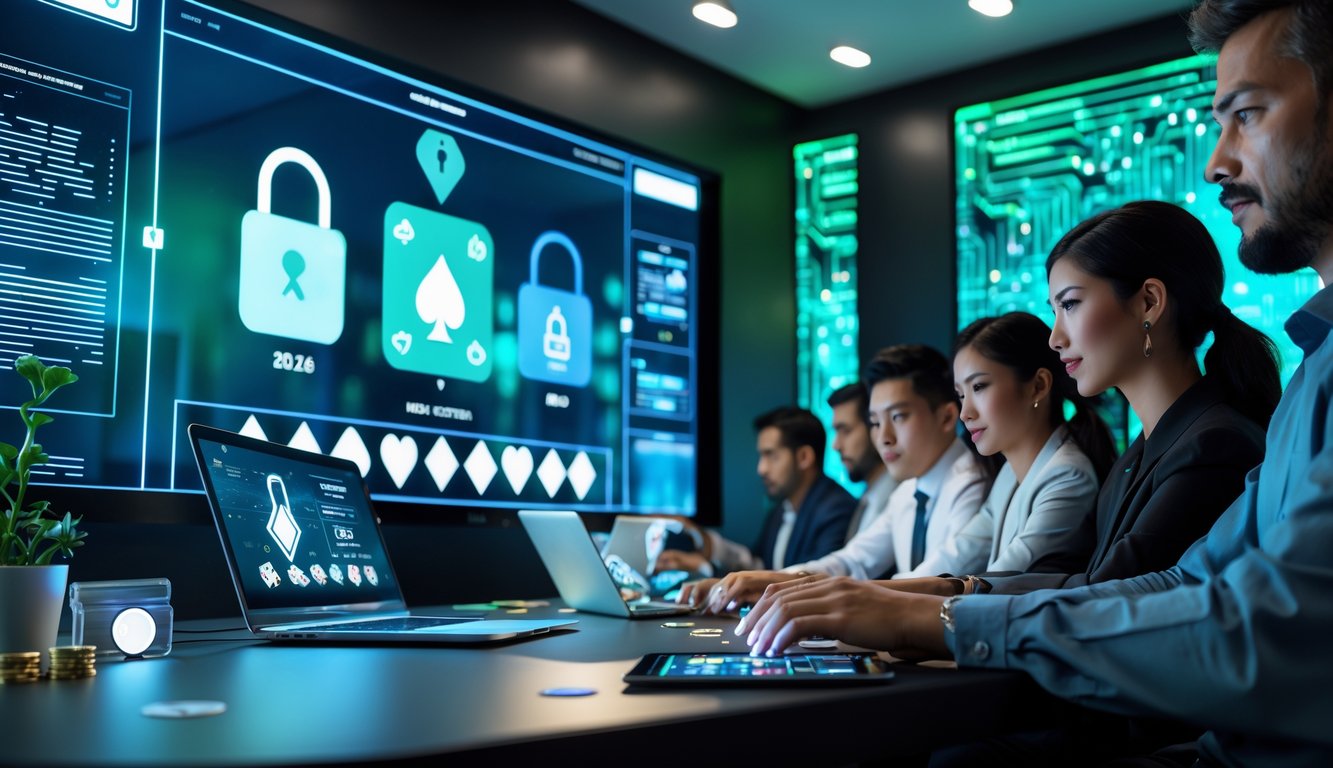 Beberapa orang bermain poker online menggunakan laptop dan tablet di ruangan modern dengan layar digital yang menampilkan kartu poker dan ikon keamanan.