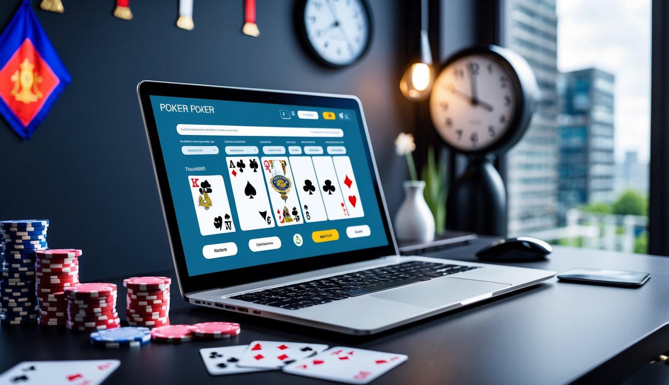 Seorang pemain poker menggunakan laptop di meja kerja yang rapi dengan chip poker dan kartu, menampilkan suasana layanan poker online resmi di Indonesia.