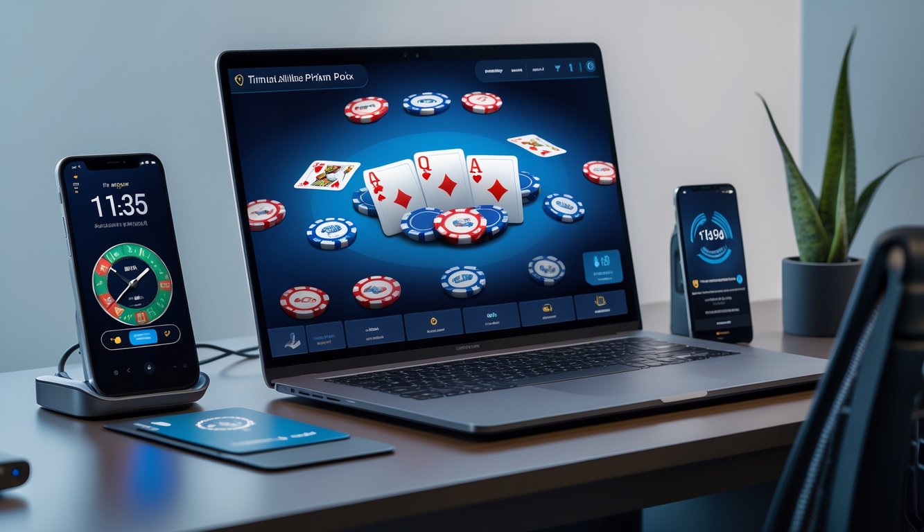 Sebuah meja kerja modern dengan komputer menampilkan permainan poker online, dikelilingi oleh elemen yang menunjukkan layanan 24 jam dan transaksi cepat.