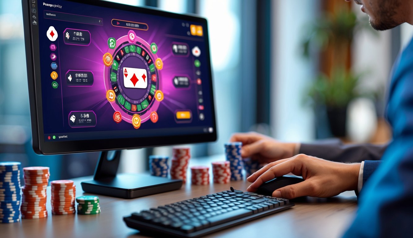 Meja kerja dengan layar komputer menampilkan permainan poker online dan tumpukan chip poker, tangan seseorang menggunakan mouse.