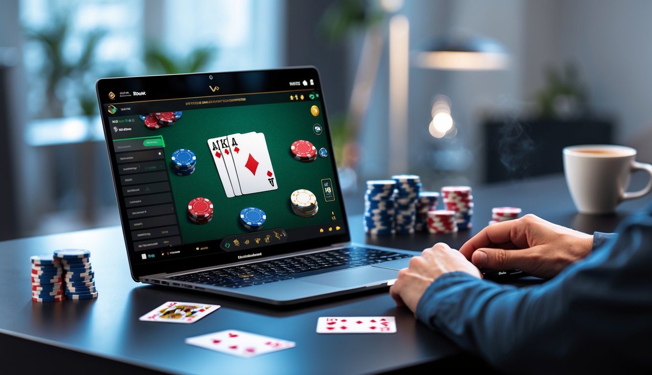 Meja kerja dengan komputer yang menampilkan permainan poker online, dikelilingi oleh chip poker dan kartu remi.