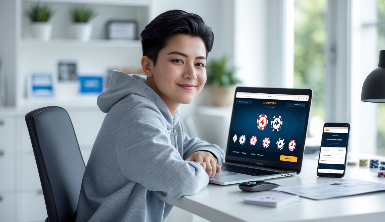 Seorang dewasa muda duduk di meja dengan laptop yang menampilkan permainan poker online, terlihat santai dan fokus, dengan ponsel dan buku panduan di meja, suasana terang dan rapi di ruang kerja rumah.
