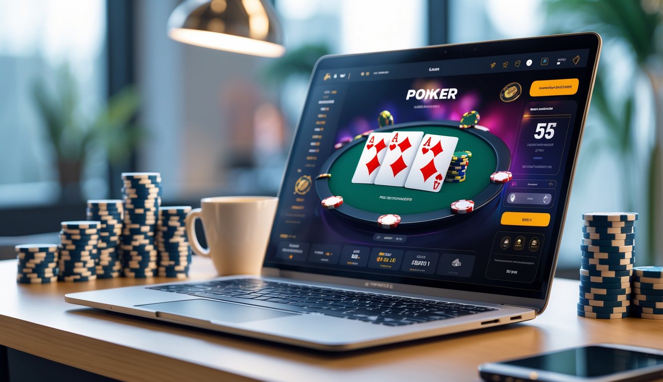 Meja kerja dengan laptop menampilkan permainan poker online, tumpukan chip poker, dan ponsel, menggambarkan pengalaman poker online yang stabil dan terpercaya.