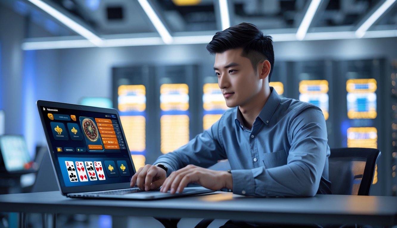 Seorang pria muda duduk di depan laptop yang menampilkan permainan poker online dengan latar belakang ruang server yang modern dan terang.