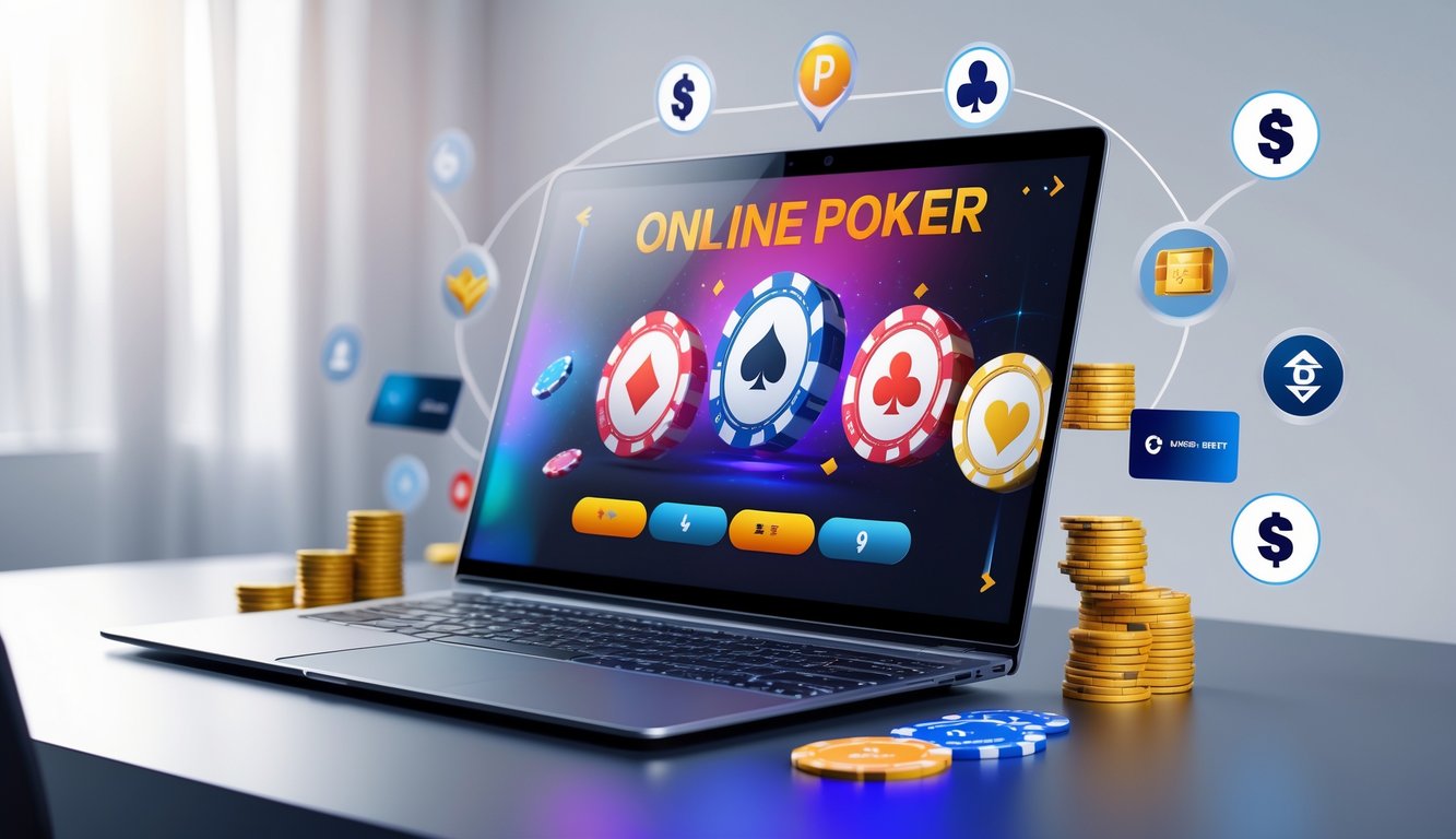 Seorang pemain poker online menggunakan komputer dengan chip poker dan kartu di layar, dikelilingi oleh ikon metode pembayaran.