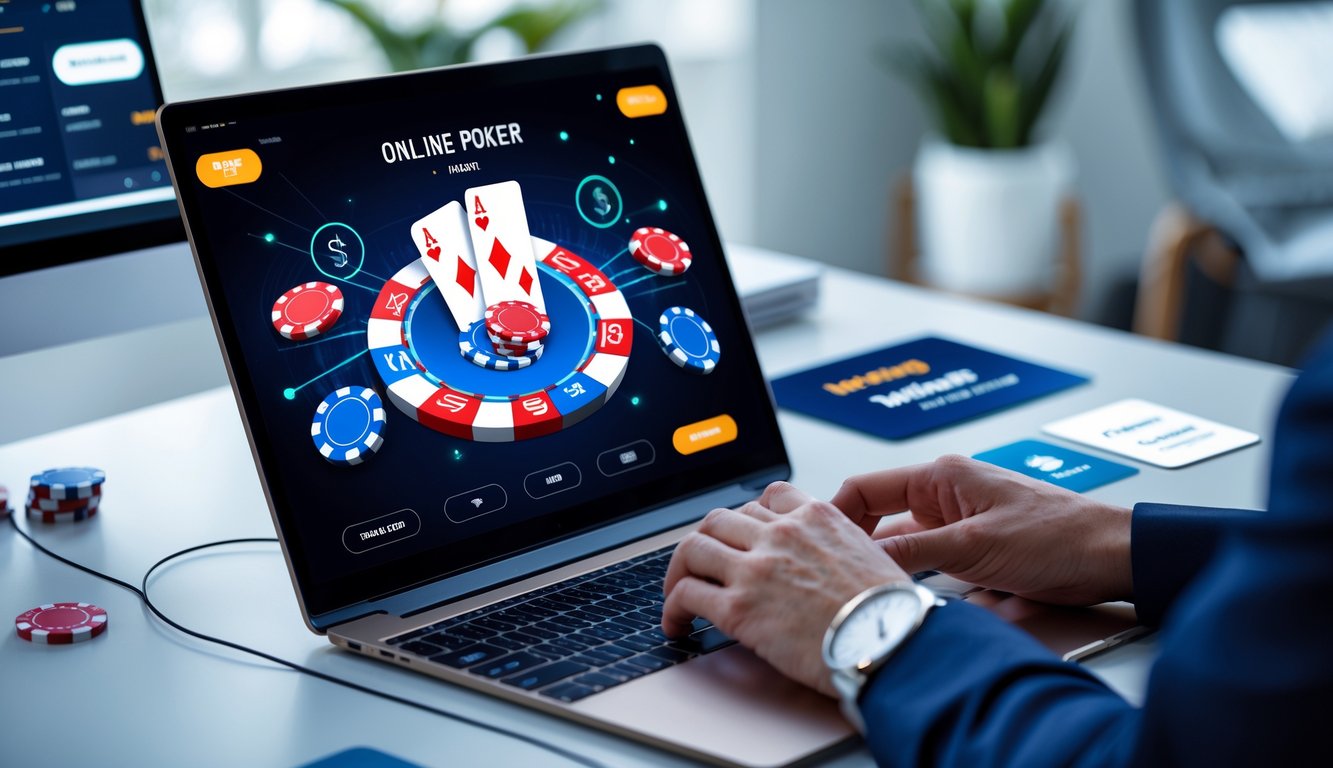 Seseorang menggunakan komputer dengan permainan poker online dan simbol metode pembayaran di sekitar layar.