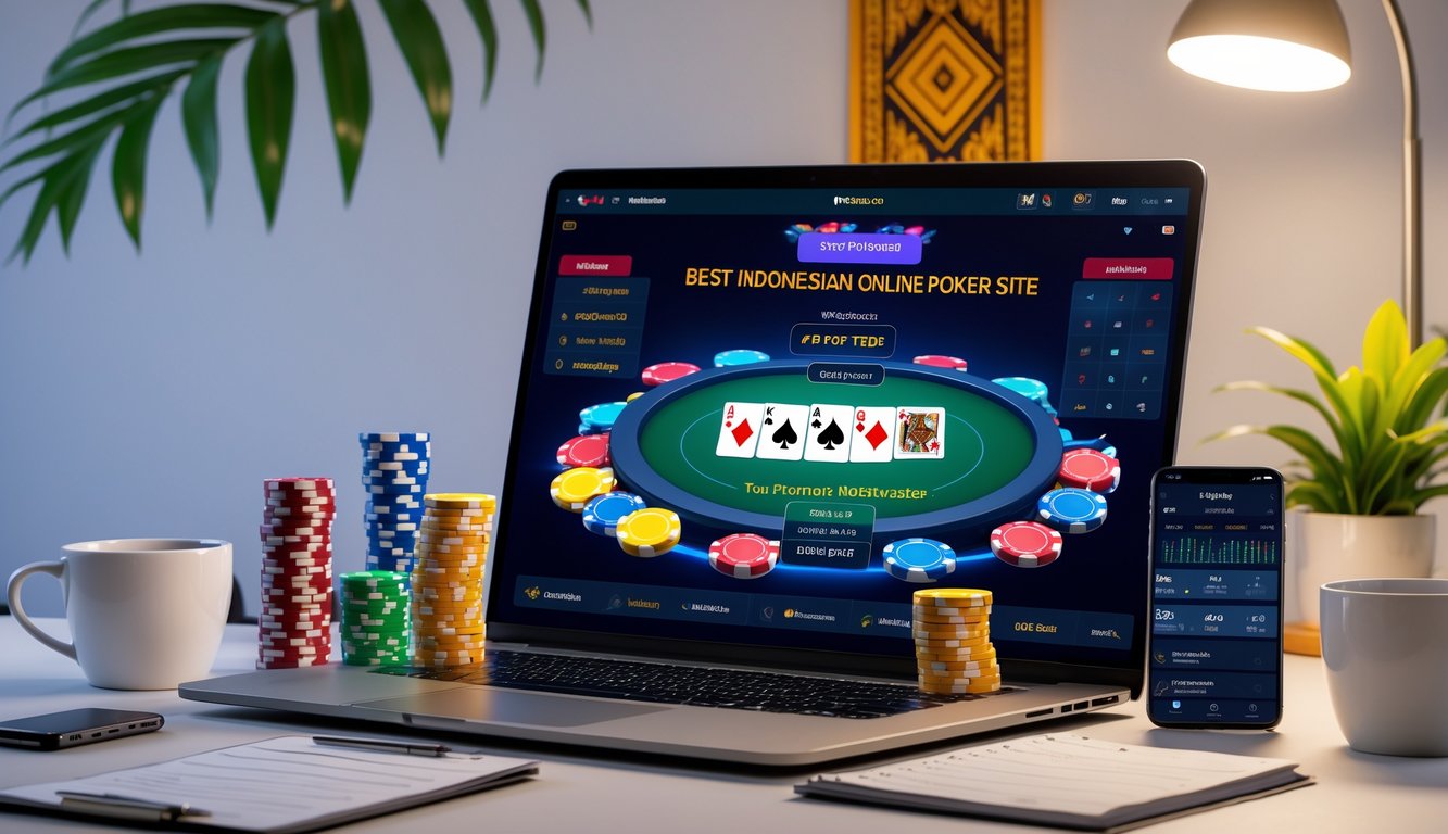 Seorang pemain poker online menggunakan laptop dengan chip poker dan kartu di meja, latar belakang menampilkan elemen budaya Indonesia.