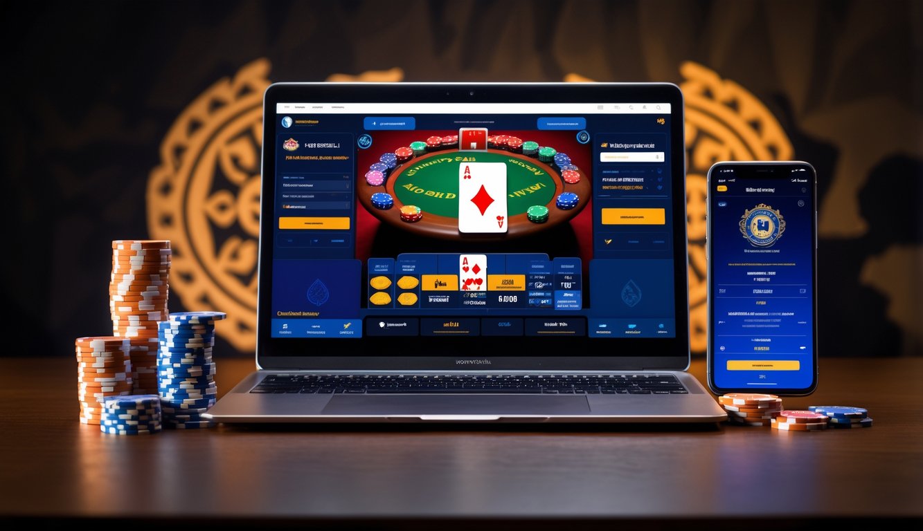 Sebuah meja dengan komputer dan ponsel menampilkan permainan poker online, dikelilingi tumpukan chip poker, dengan latar belakang elemen budaya Indonesia.