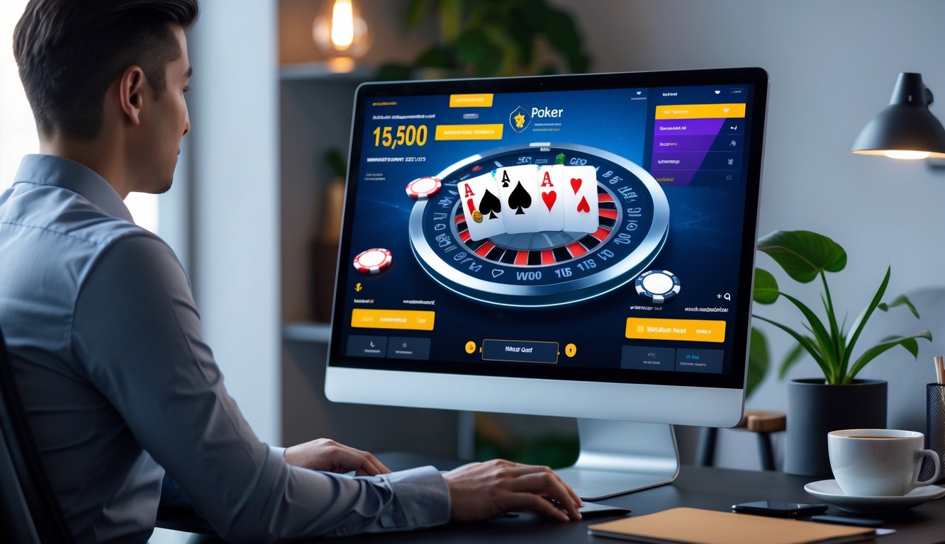 Seorang pemain poker online duduk di depan komputer dengan tampilan permainan poker dan chip digital di layar, di ruangan yang nyaman dan rapi.