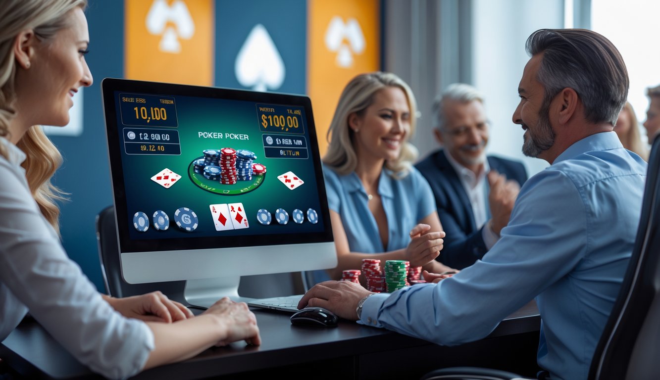 Orang-orang sedang bermain poker online di depan komputer dengan suasana yang profesional dan aman.