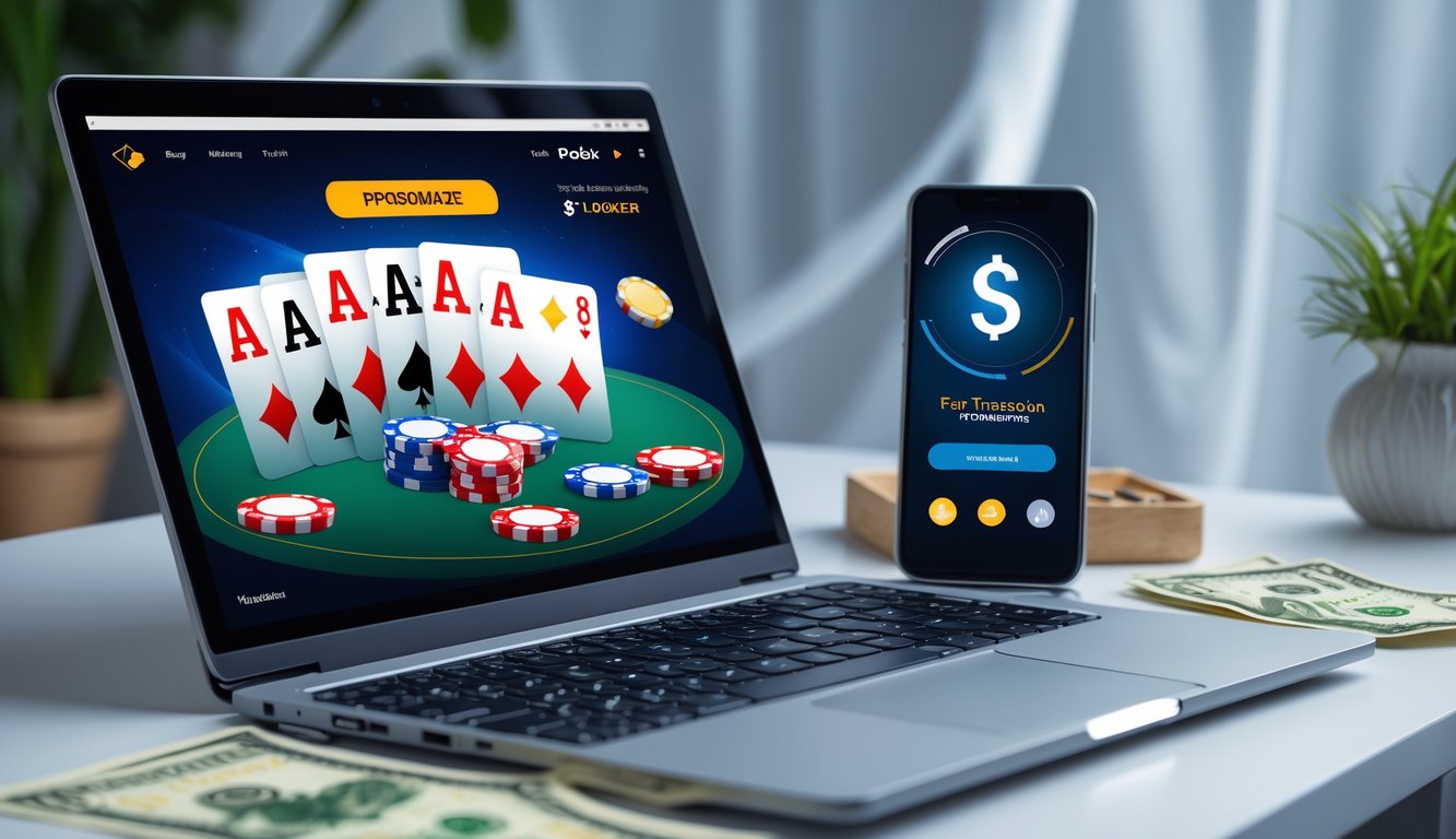 Sebuah laptop dan ponsel di atas meja yang menampilkan permainan poker online dengan chip dan kartu, menunjukkan proses transaksi cepat dan deposit rendah.