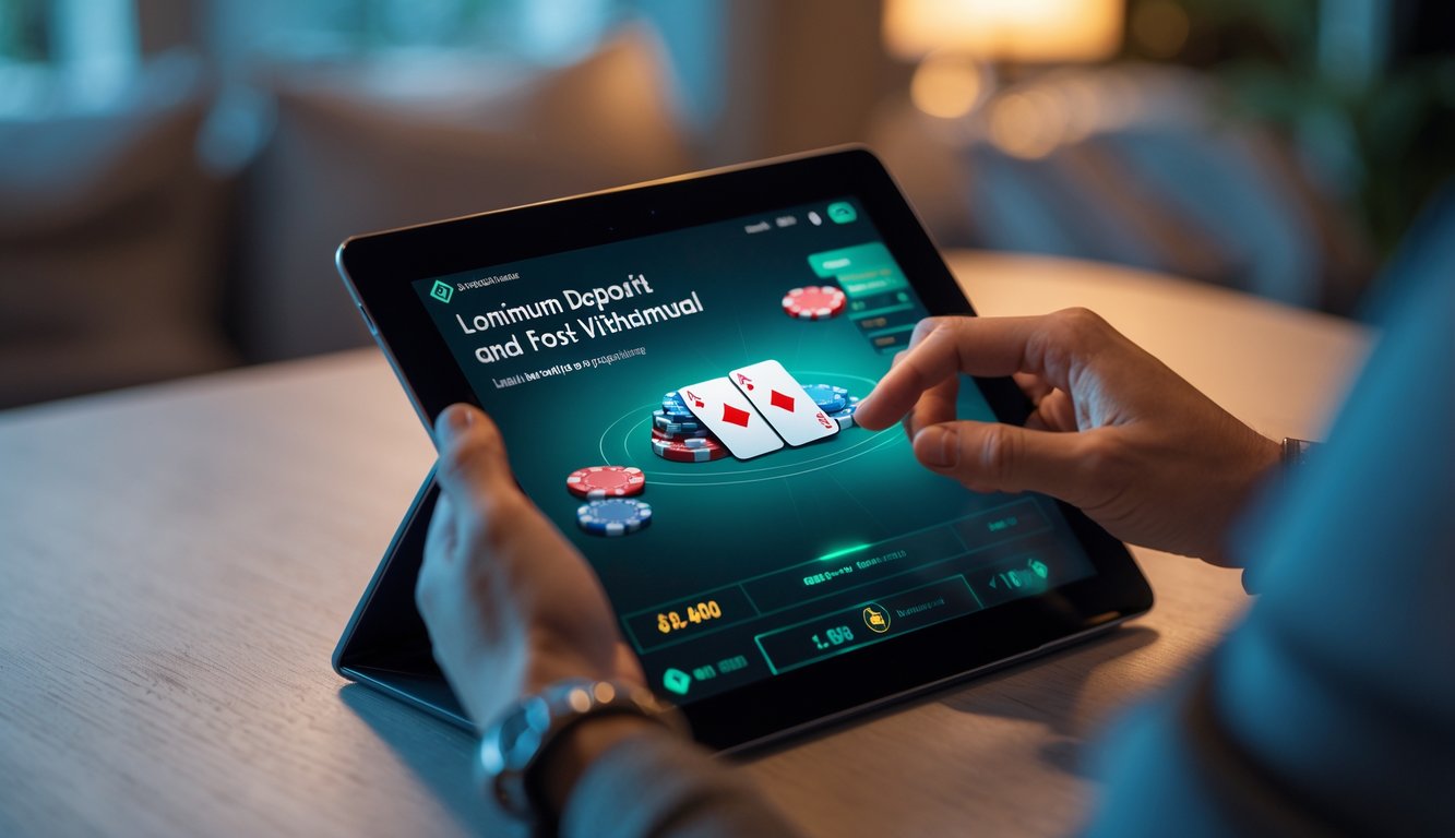 Tangan seseorang sedang menggunakan tablet yang menampilkan permainan poker online dengan chip dan kartu di layar.