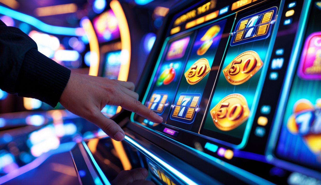 Tangan yang menyentuh layar sentuh dengan tampilan mesin slot berwarna-warni di dalam ruang permainan modern.
