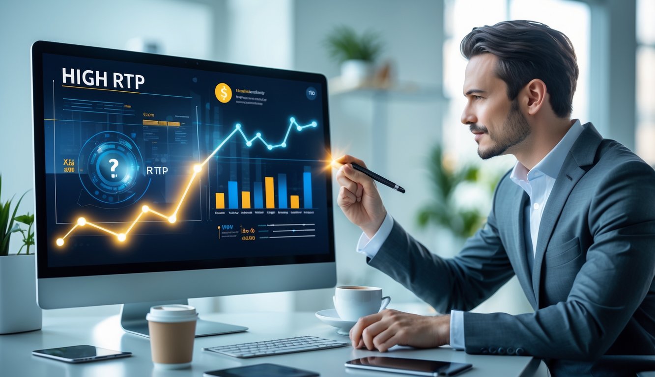 Seorang profesional sedang menganalisis data keuangan di depan komputer di ruang kantor modern.