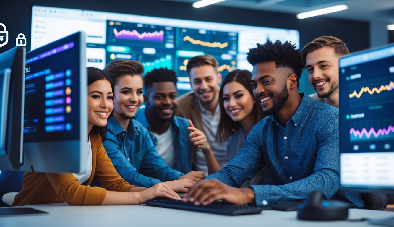 Sekelompok orang muda sedang menggunakan komputer dengan tampilan grafik dan antarmuka permainan di lingkungan kantor modern.