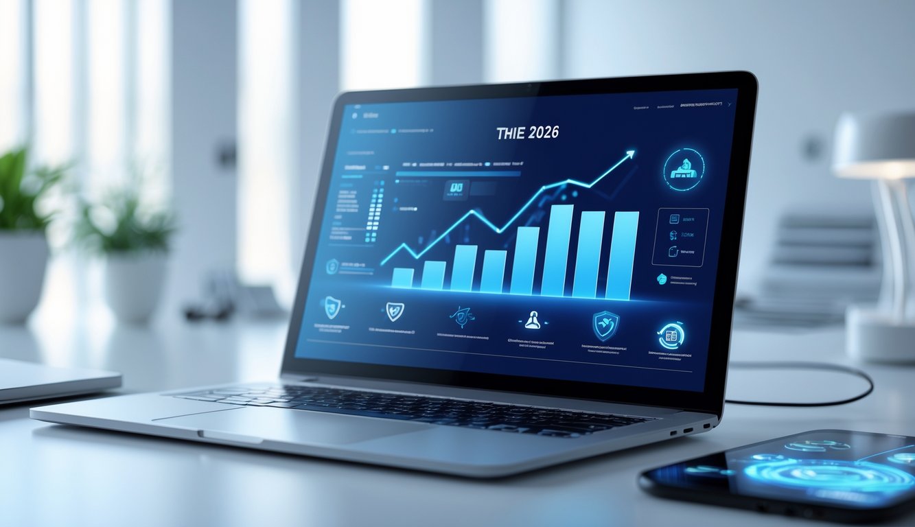 Seorang pengguna sedang berinteraksi dengan perangkat digital di ruang kerja modern yang terang, menampilkan grafik dan ikon abstrak yang melambangkan keberhasilan dan keamanan.