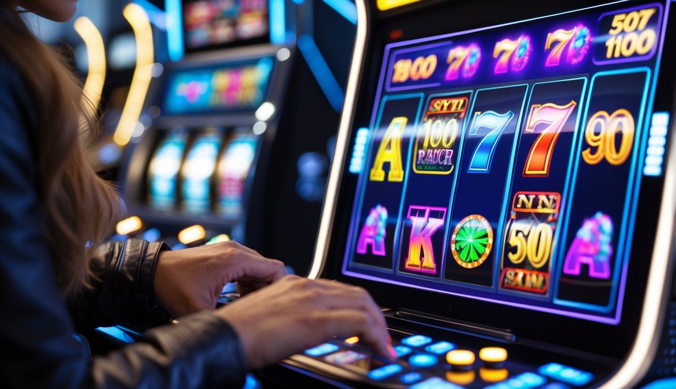 Seorang pemain sedang menggunakan mesin slot digital dengan layar berwarna-warni di lingkungan permainan modern.