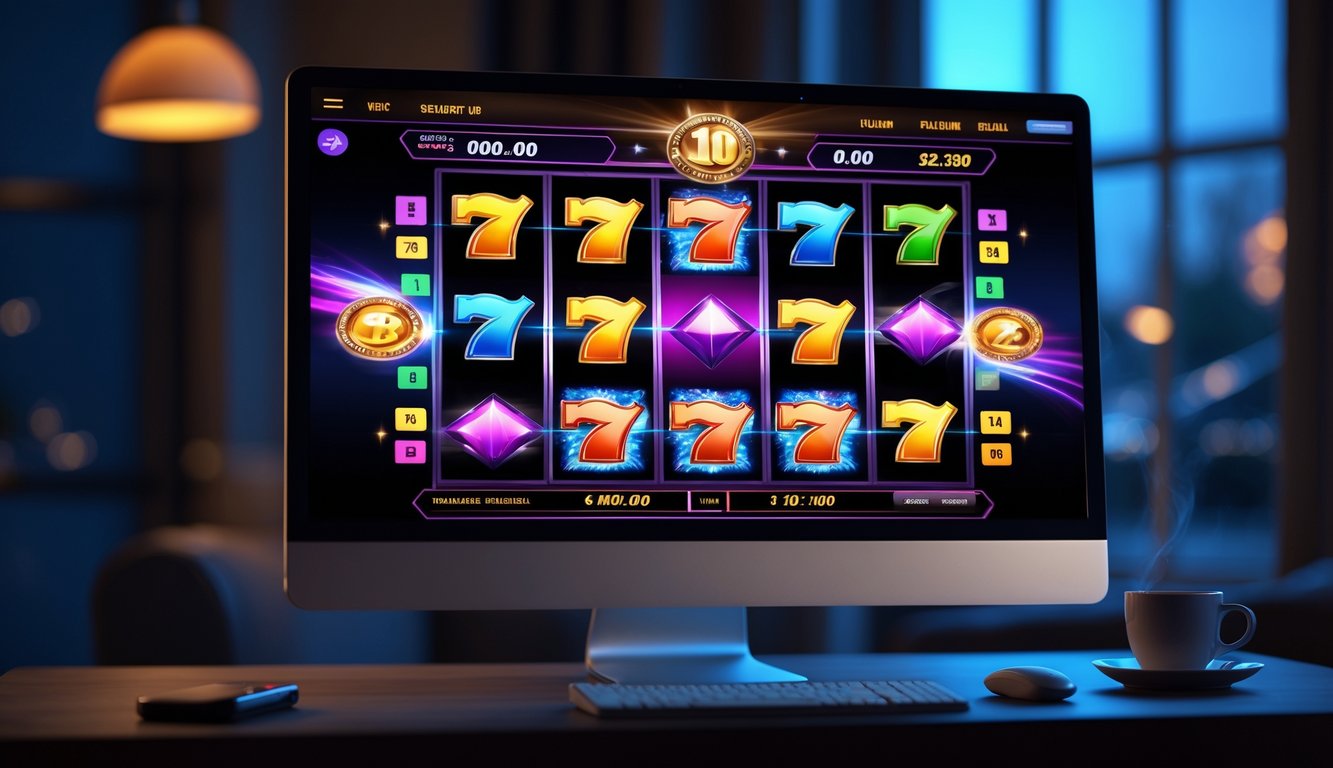 Seseorang sedang bermain mesin slot online di depan komputer dengan latar belakang gelap dan suasana malam hari.