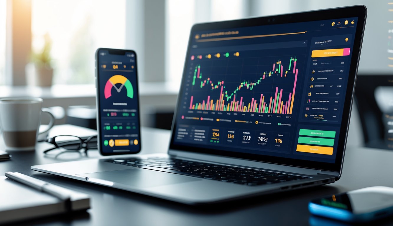 Sebuah ruang kerja modern dengan laptop dan ponsel menampilkan grafik dan statistik terkait permainan online, di meja terdapat cangkir kopi dan buku catatan.