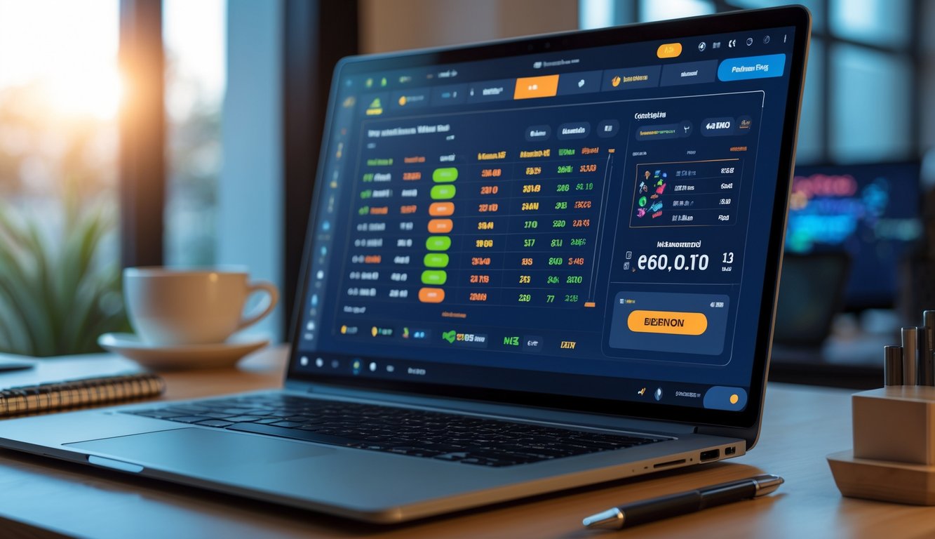Meja kerja modern dengan laptop dan ponsel yang menampilkan statistik dan notifikasi kemenangan dalam permainan daring.