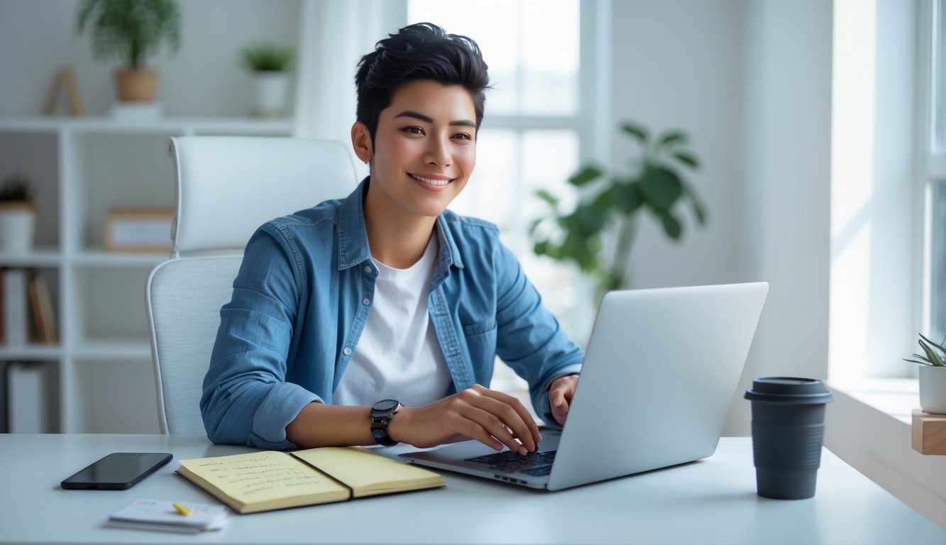 Seseorang duduk di meja dengan laptop dan smartphone, terlihat fokus dan percaya diri di ruang kerja rumah yang terang.