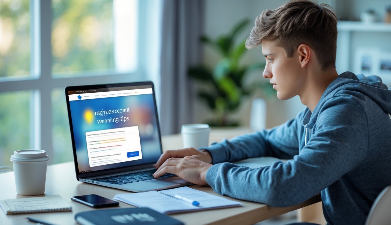 Seorang pria muda duduk di meja dengan laptop, fokus mendaftar akun secara online di ruangan yang terang dan rapi.