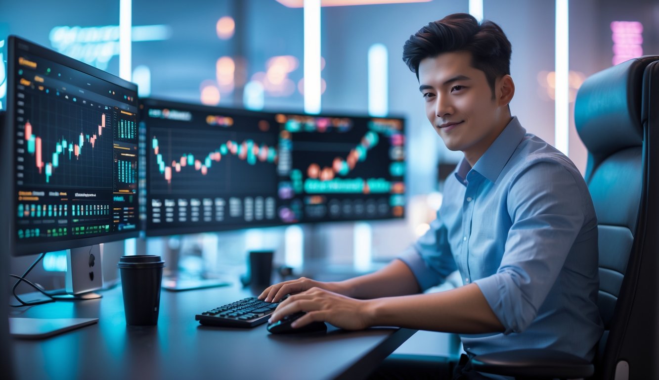 Seorang pria muda duduk di depan komputer dengan beberapa layar menampilkan grafik dan antarmuka permainan digital di sebuah kantor modern.