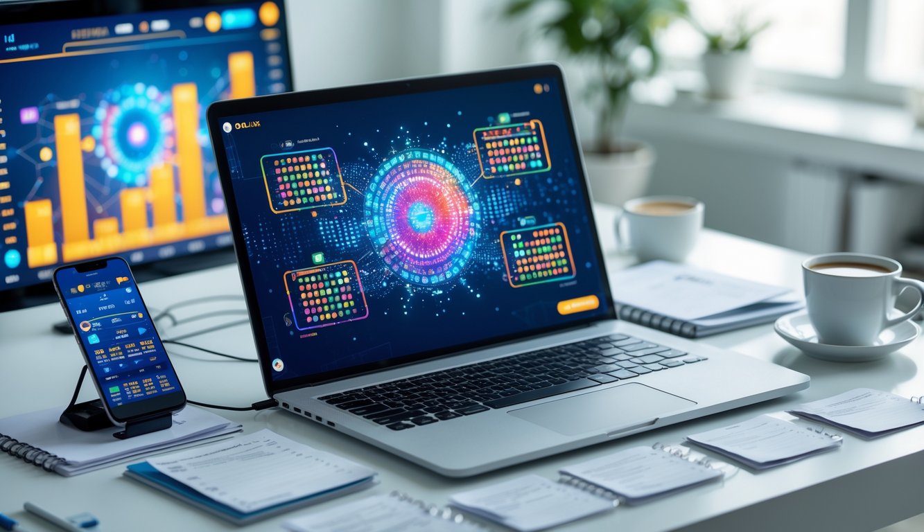 Sebuah meja kerja dengan laptop yang menampilkan pola warna-warni, smartphone dengan aplikasi taruhan, catatan, dan secangkir kopi di ruangan yang terang.