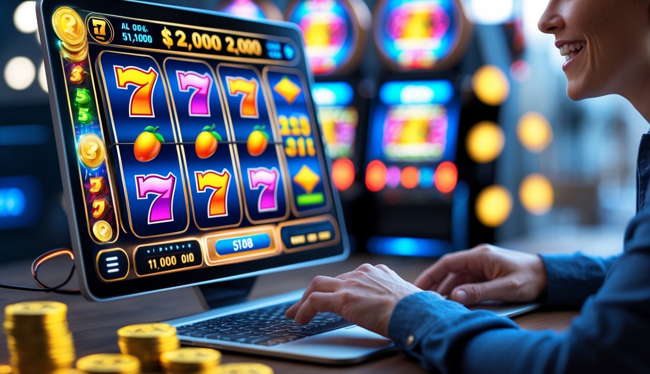 Seorang pemain dewasa yang bahagia sedang bermain mesin slot online di depan layar komputer dengan simbol-simbol warna-warni dan suasana penuh semangat.