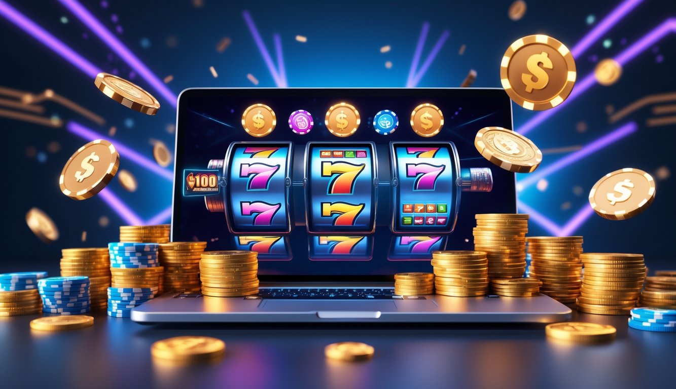 Layar perangkat menampilkan permainan slot dengan simbol jackpot dan koin di sekitarnya, menggambarkan kemenangan besar dan pencairan cepat.