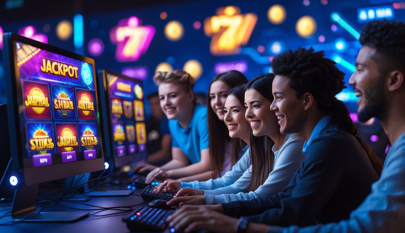 Sekelompok orang muda sedang bermain game slot online dengan ekspresi fokus dan senang di depan komputer.