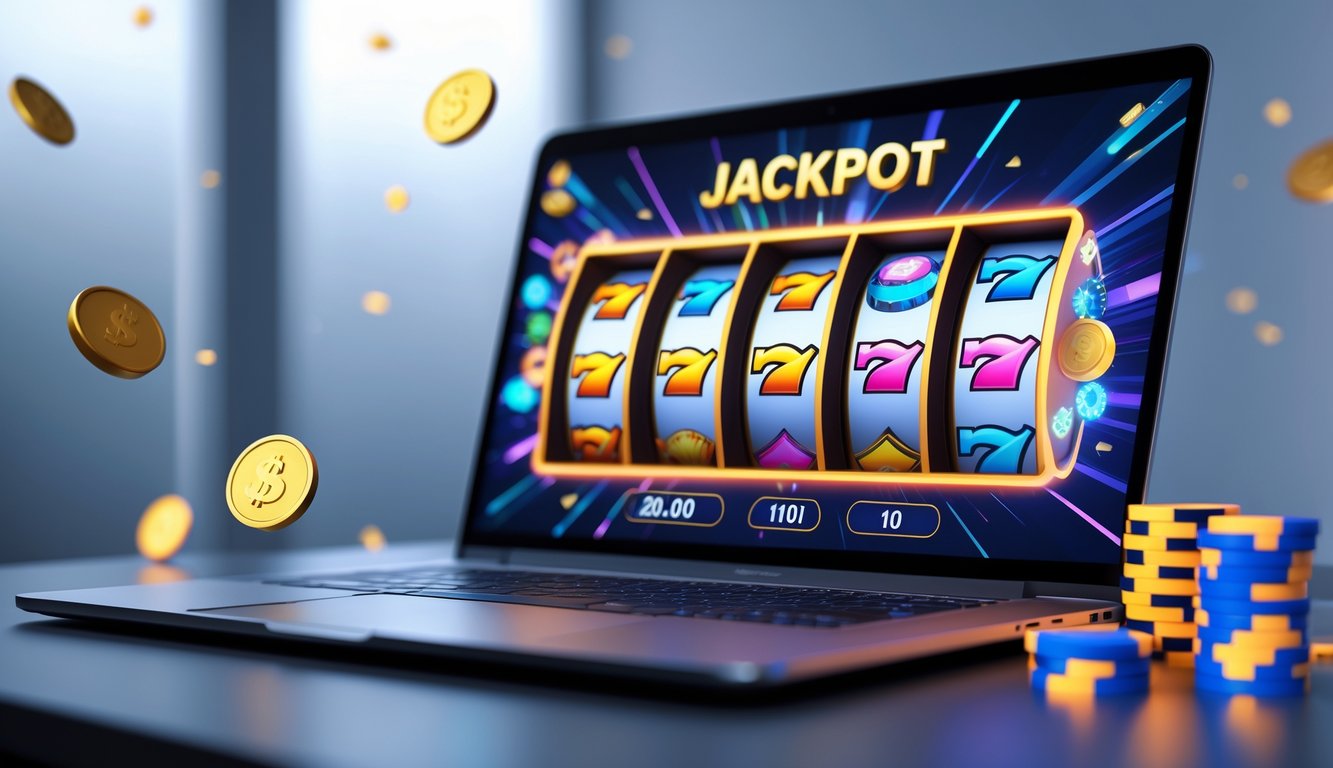 Sebuah layar komputer menampilkan permainan slot online dengan simbol jackpot yang mencolok, dikelilingi oleh koin dan chip digital, menggambarkan suasana permainan dan kemenangan besar.