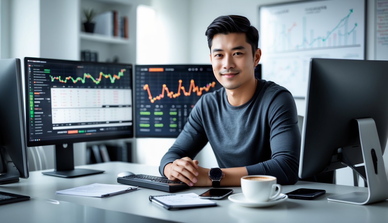 Seorang pria muda duduk di meja dengan beberapa layar komputer menampilkan grafik dan statistik, terlihat fokus dan percaya diri dalam suasana kantor rumah yang rapi.