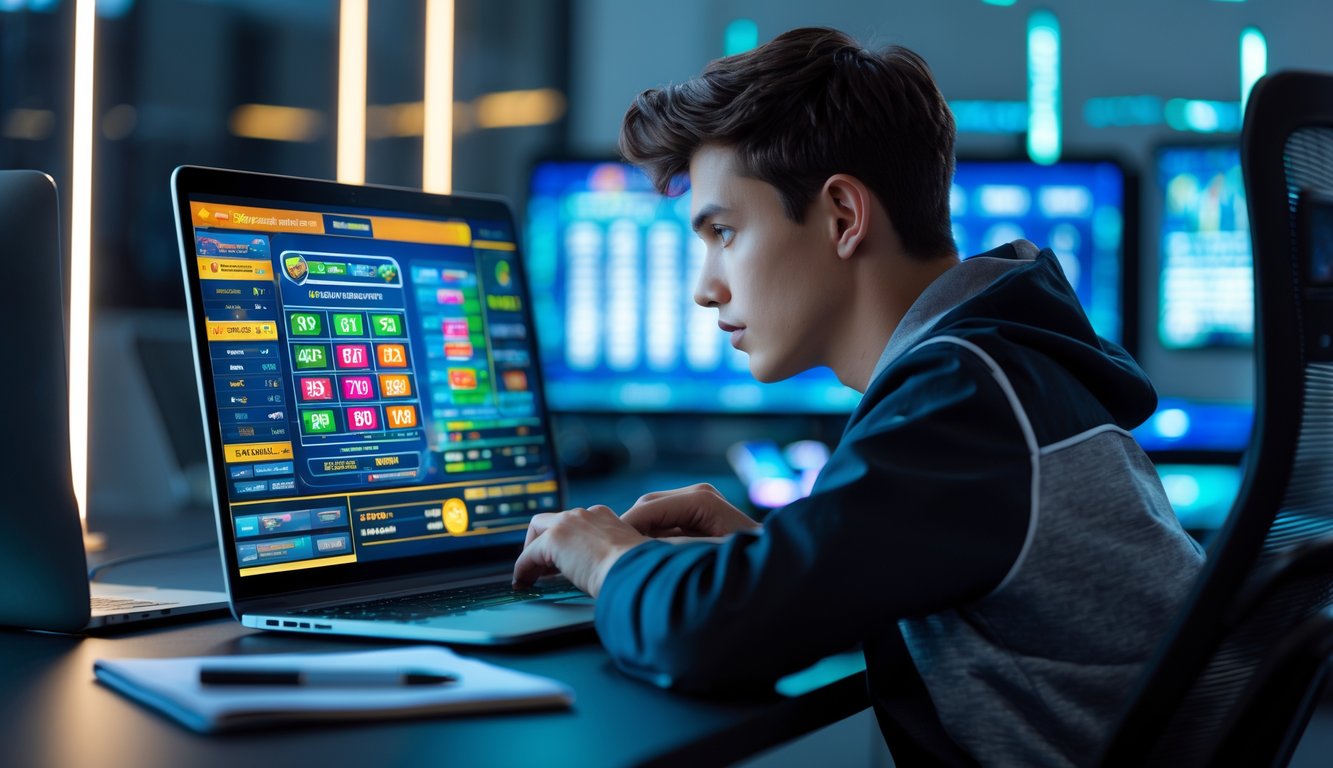 Seorang pria muda duduk di meja dengan laptop, fokus melihat layar permainan online dengan grafik warna-warni, di sekitarnya terdapat catatan dan perangkat teknologi.